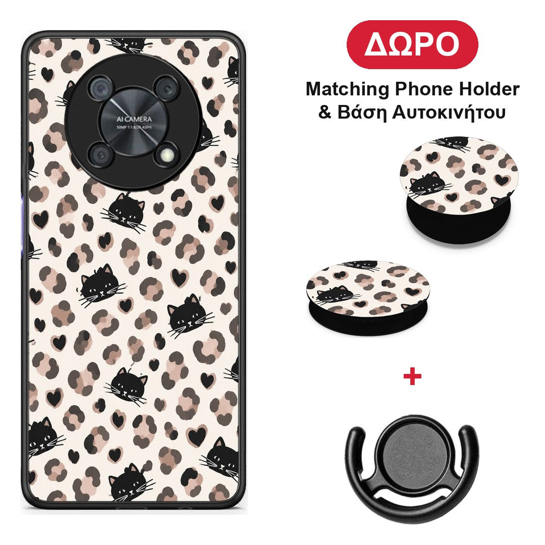 Leopard Spots and Black Cats on Cream - Huawei Nova Y90 θήκη + Δώρο Phone Holder & Βάση Αυτοκινήτου