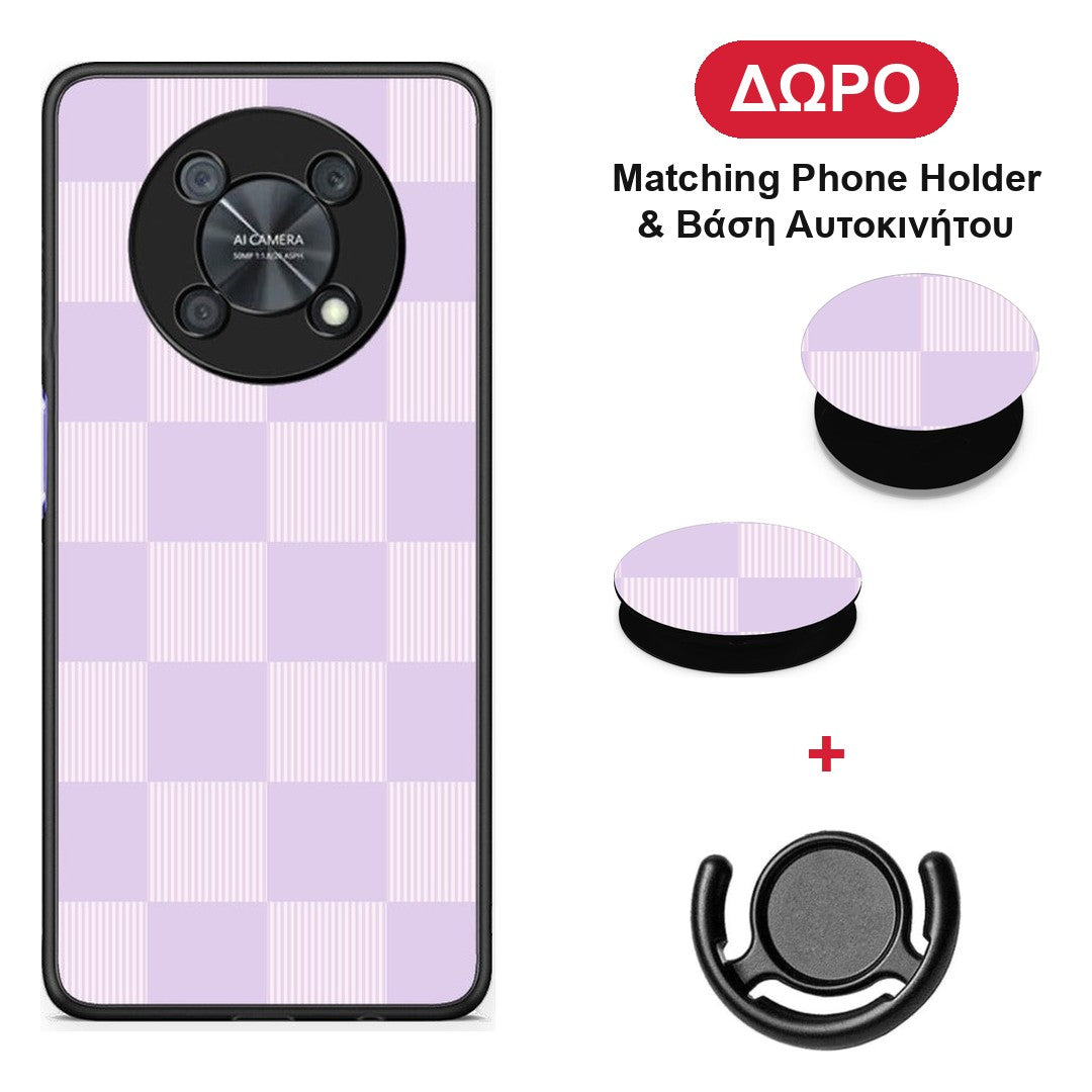 Lilac and Cream Striped Checks - Huawei Nova Y90 θήκη + Δώρο Phone Holder & Βάση Αυτοκινήτου