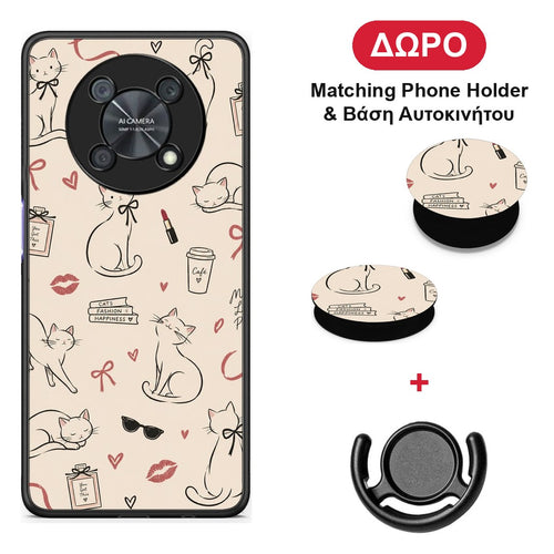 Minimal Cat and Fashion Doodles on Cream - Huawei Nova Y90 θήκη + Δώρο Phone Holder & Βάση Αυτοκινήτου