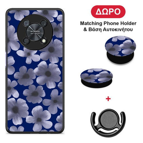 Pale Blue Flowers on Navy - Huawei Nova Y90 θήκη + Δώρο Phone Holder & Βάση Αυτοκινήτου
