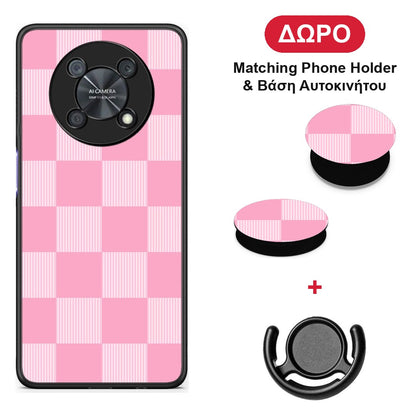 Pink and White Striped Checks - Huawei Nova Y90 θήκη + Δώρο Phone Holder & Βάση Αυτοκινήτου