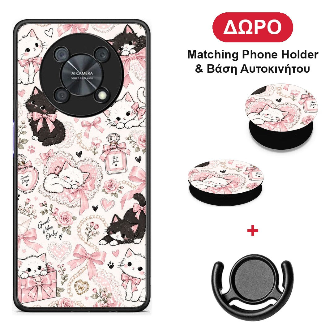Pink Bows and Kittens Collage - Huawei Nova Y90 θήκη + Δώρο Phone Holder & Βάση Αυτοκινήτου