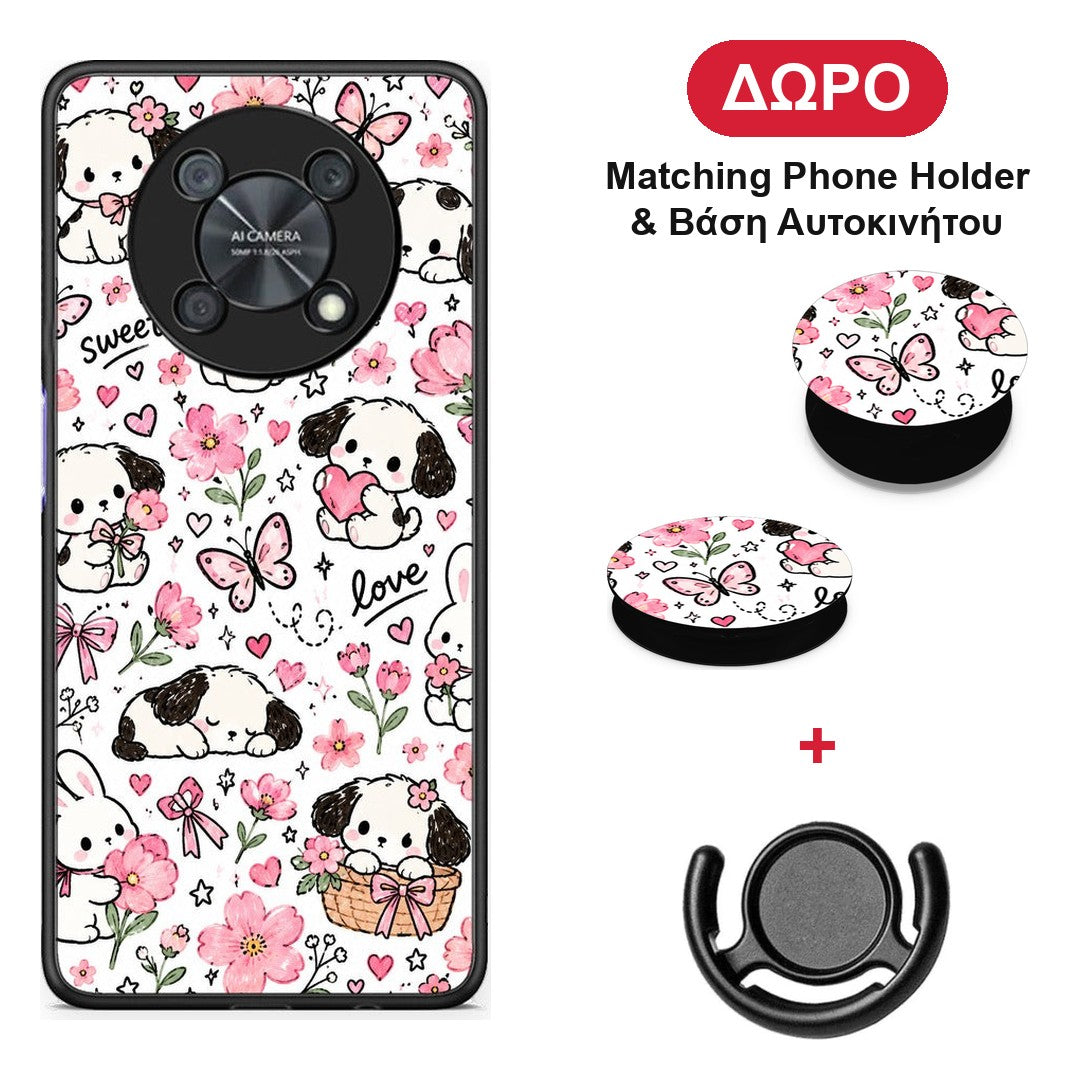 Pink Florals Puppies and Bunnies on White - Huawei Nova Y90 θήκη + Δώρο Phone Holder & Βάση Αυτοκινήτου