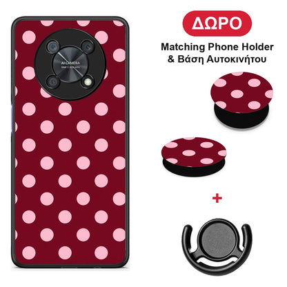 Pink Polka Dots on Burgundy - Huawei Nova Y90 θήκη + Δώρο Phone Holder & Βάση Αυτοκινήτου