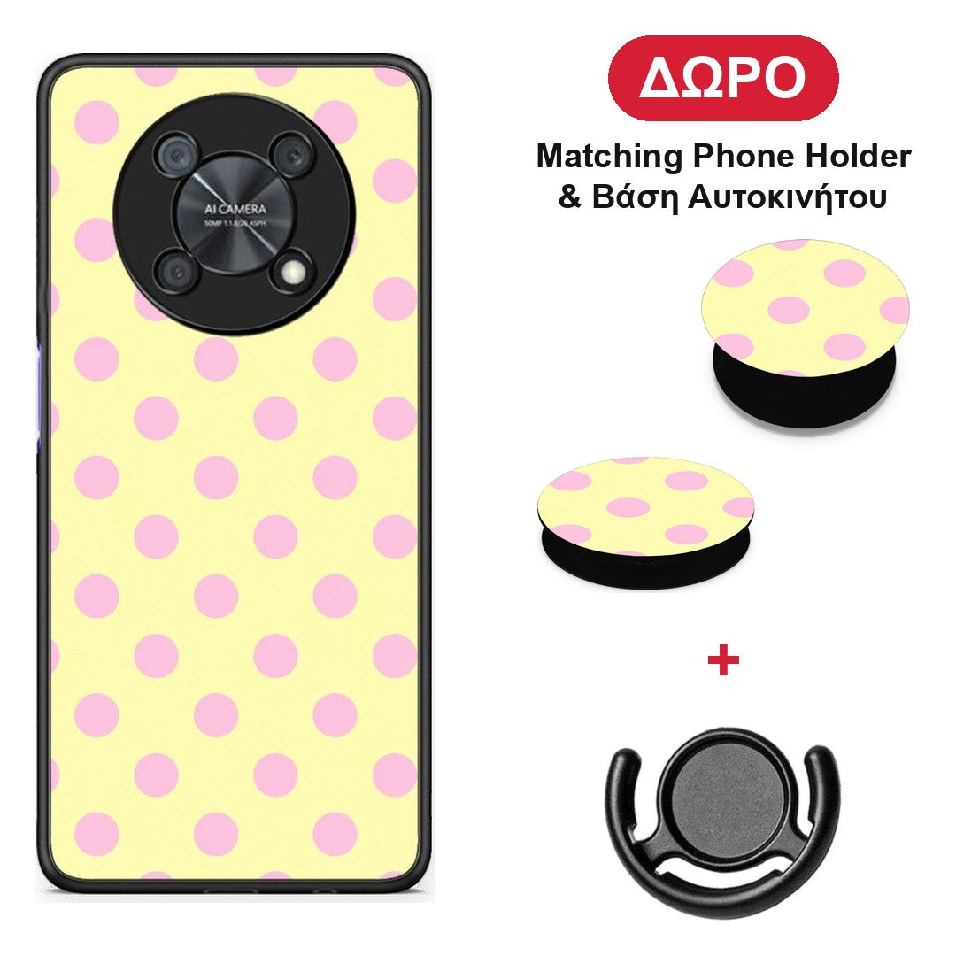 Pink Polka Dots on Yellow - Huawei Nova Y90 θήκη + Δώρο Phone Holder & Βάση Αυτοκινήτου