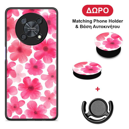 Pink Watercolour Flowers on White - Huawei Nova Y90 θήκη + Δώρο Phone Holder & Βάση Αυτοκινήτου