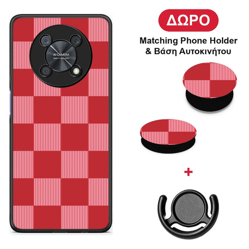 Red and Pink Striped Checks - Huawei Nova Y90 θήκη + Δώρο Phone Holder & Βάση Αυτοκινήτου