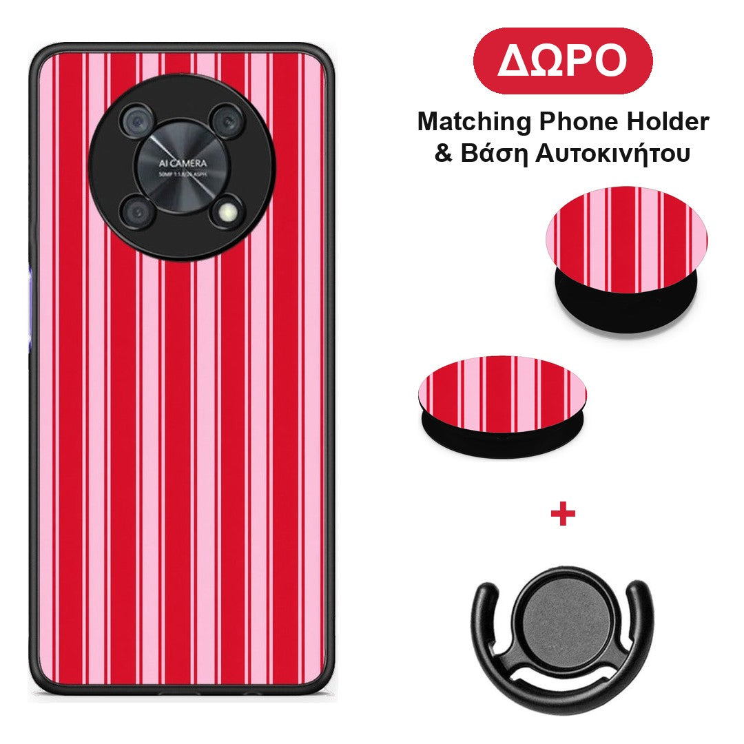 Red and Pink Vertical Pinstripes - Huawei Nova Y90 θήκη + Δώρο Phone Holder & Βάση Αυτοκινήτου