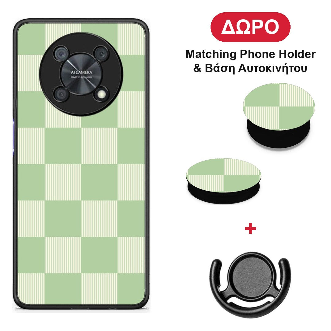 Sage and Cream Striped Checks - Huawei Nova Y90 θήκη + Δώρο Phone Holder & Βάση Αυτοκινήτου