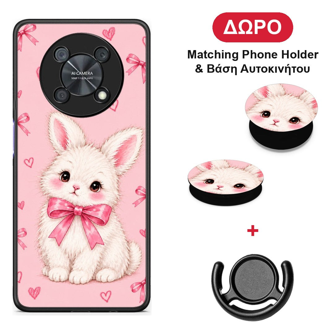 White Bunny and Pink Bows - Huawei Nova Y90 θήκη + Δώρο Phone Holder & Βάση Αυτοκινήτου