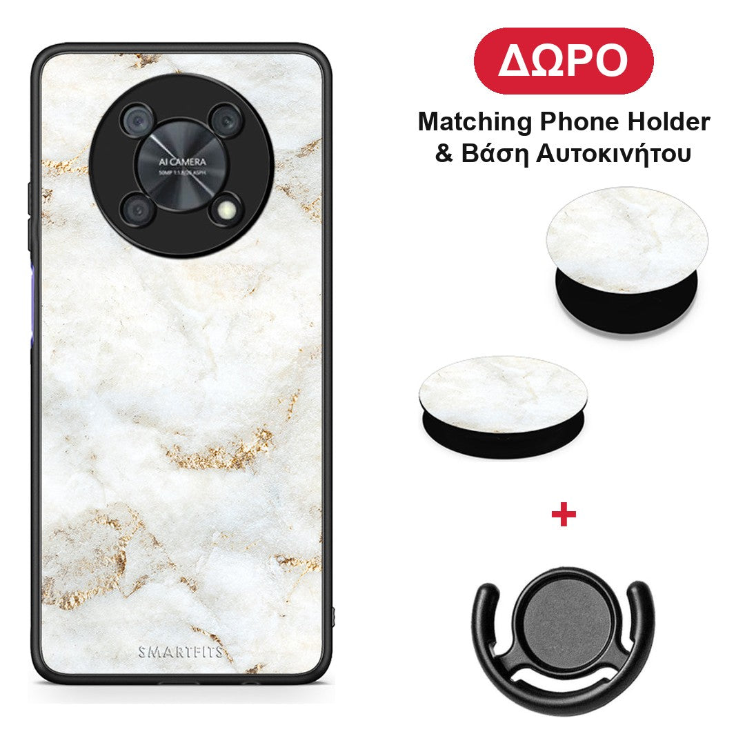 White Gold Marble - Huawei Nova Y90 θήκη + Δώρο Phone Holder & Βάση Αυτοκινήτου