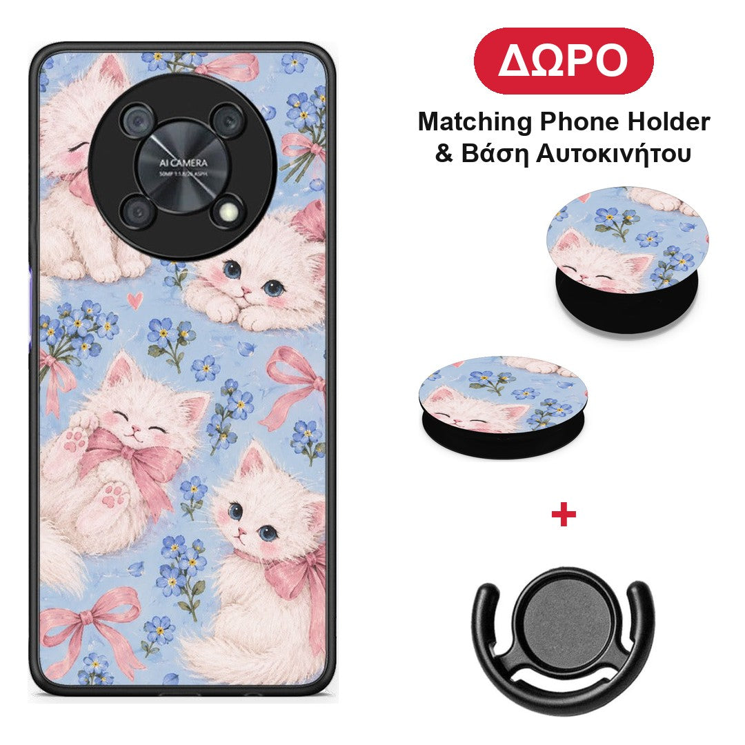 White Kittens and Blue Flowers Large - Huawei Nova Y90 θήκη + Δώρο Phone Holder & Βάση Αυτοκινήτου