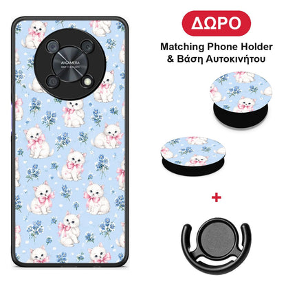 White Kittens and Blue Flowers Small - Huawei Nova Y90 θήκη + Δώρο Phone Holder & Βάση Αυτοκινήτου