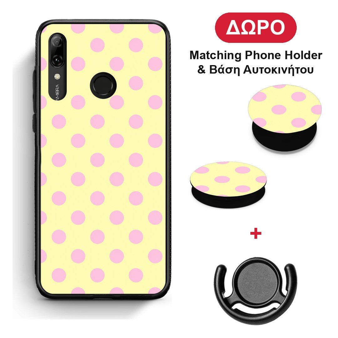 Pink Polka Dots on Yellow - Huawei P Smart 2019 θήκη + Δώρο Phone Holder & Βάση Αυτοκινήτου