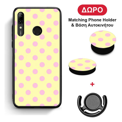 Pink Polka Dots on Yellow - Huawei P Smart 2019 θήκη + Δώρο Phone Holder & Βάση Αυτοκινήτου
