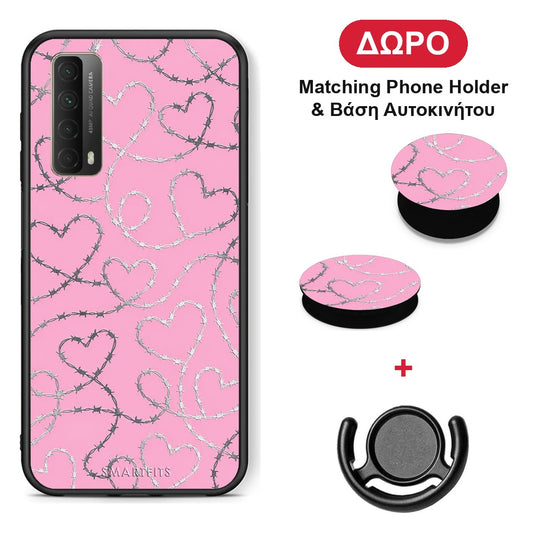 Barbed Wire Hearts on Pink - Huawei P Smart 2021 θήκη + Δώρο Phone Holder & Βάση Αυτοκινήτου