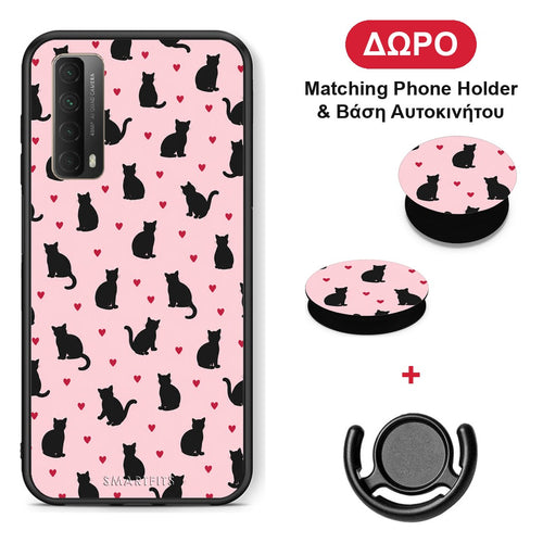 Black Cat Silhouettes and Hearts on Pink - Huawei P Smart 2021 θήκη + Δώρο Phone Holder & Βάση Αυτοκινήτου