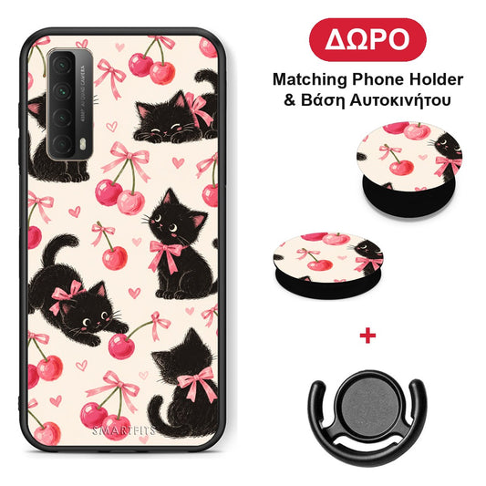 Black Kittens and Cherries on Cream - Huawei P Smart 2021 θήκη + Δώρο Phone Holder & Βάση Αυτοκινήτου