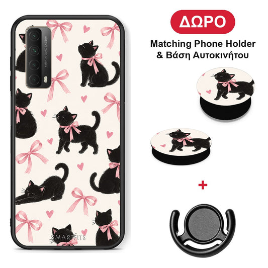 Black Kittens and Pink Bows on Cream Large - Huawei P Smart 2021 θήκη + Δώρο Phone Holder & Βάση Αυτοκινήτου