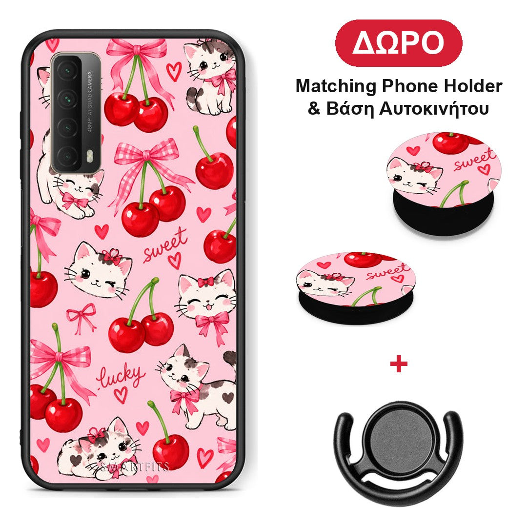 Cherries Bows and Kittens on Pink - Huawei P Smart 2021 θήκη + Δώρο Phone Holder & Βάση Αυτοκινήτου