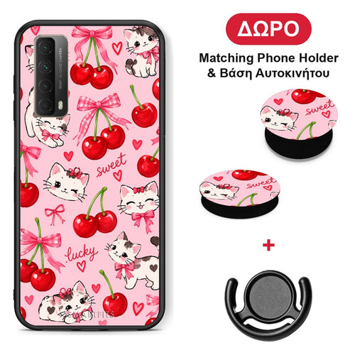 Cherries Bows and Kittens on Pink - Huawei P Smart 2021 θήκη + Δώρο Phone Holder & Βάση Αυτοκινήτου