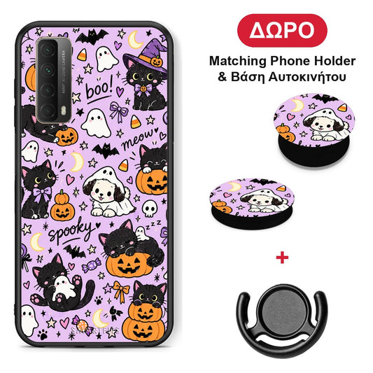 Halloween Black Cats on Lilac - Huawei P Smart 2021 θήκη + Δώρο Phone Holder & Βάση Αυτοκινήτου