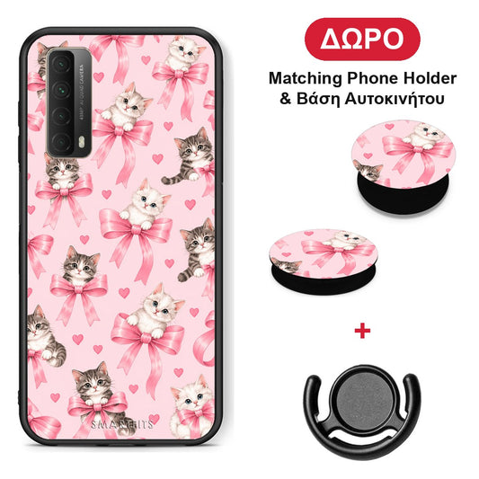 Kittens and Pink Bows on Pink - Huawei P Smart 2021 θήκη + Δώρο Phone Holder & Βάση Αυτοκινήτου