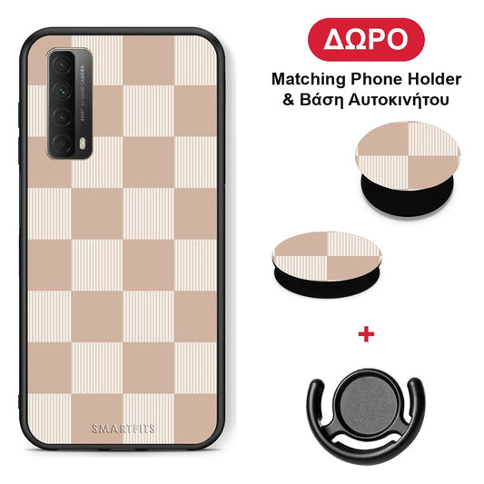 Latte and Cream Striped Checks - Huawei P Smart 2021 θήκη + Δώρο Phone Holder & Βάση Αυτοκινήτου