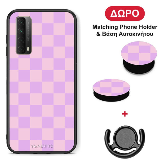 Lavender and Pink Checkerboard - Huawei P Smart 2021 θήκη + Δώρο Phone Holder & Βάση Αυτοκινήτου