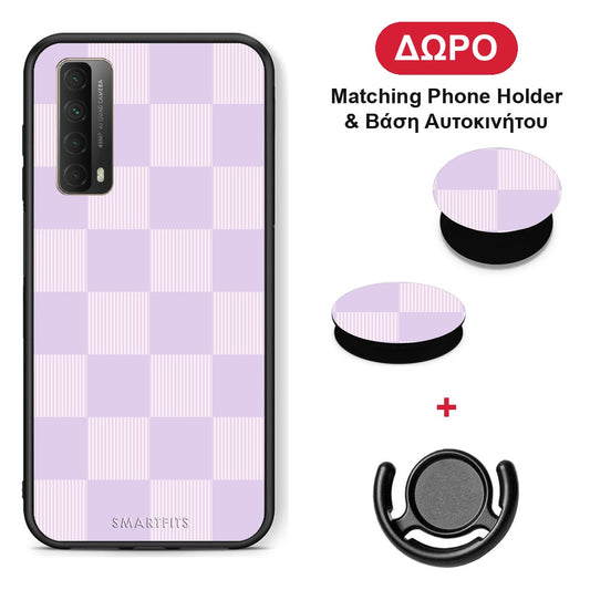 Lilac and Cream Striped Checks - Huawei P Smart 2021 θήκη + Δώρο Phone Holder & Βάση Αυτοκινήτου