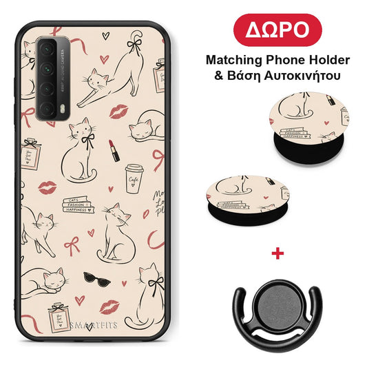 Minimal Cat and Fashion Doodles on Cream - Huawei P Smart 2021 θήκη + Δώρο Phone Holder & Βάση Αυτοκινήτου