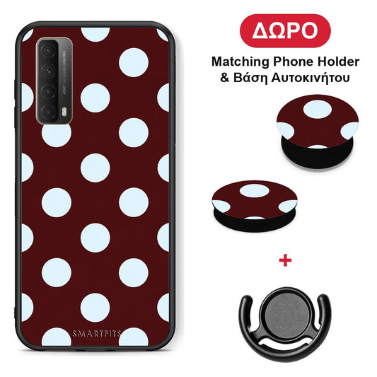 Pale Blue Large Polka Dots on Burgundy - Huawei P Smart 2021 θήκη + Δώρο Phone Holder & Βάση Αυτοκινήτου