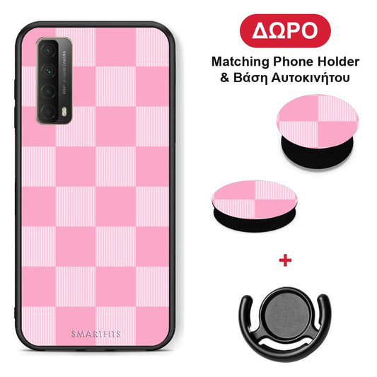 Pink and White Striped Checks - Huawei P Smart 2021 θήκη + Δώρο Phone Holder & Βάση Αυτοκινήτου