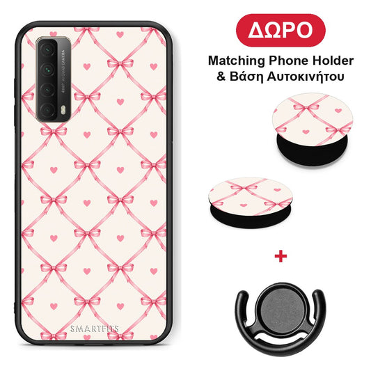Pink Bow Lattice and Hearts on Cream - Huawei P Smart 2021 θήκη + Δώρο Phone Holder & Βάση Αυτοκινήτου