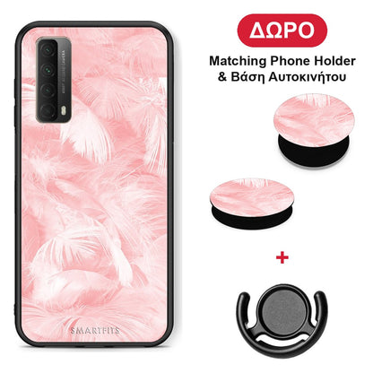 Boho Pink Feather - Huawei P Smart 2021 θήκη + Δώρο Phone Holder & Βάση Αυτοκινήτου
