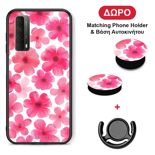 Pink Watercolour Flowers on White - Huawei P Smart 2021 θήκη + Δώρο Phone Holder & Βάση Αυτοκινήτου