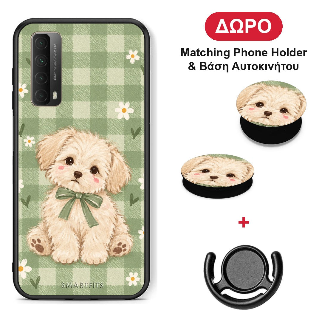 Puppy and Daisies on Sage Gingham - Huawei P Smart 2021 θήκη + Δώρο Phone Holder & Βάση Αυτοκινήτου