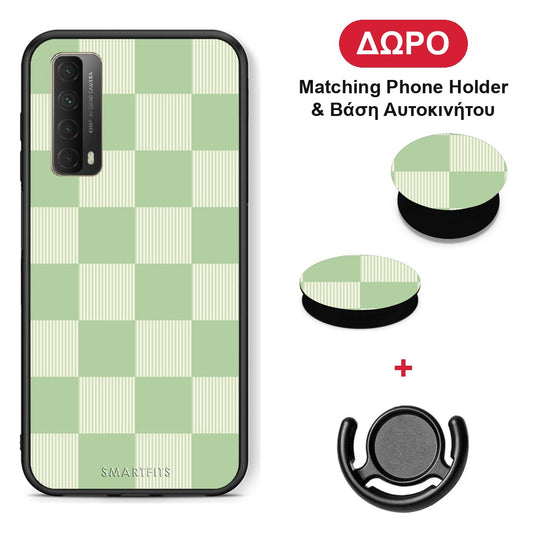 Sage and Cream Striped Checks - Huawei P Smart 2021 θήκη + Δώρο Phone Holder & Βάση Αυτοκινήτου