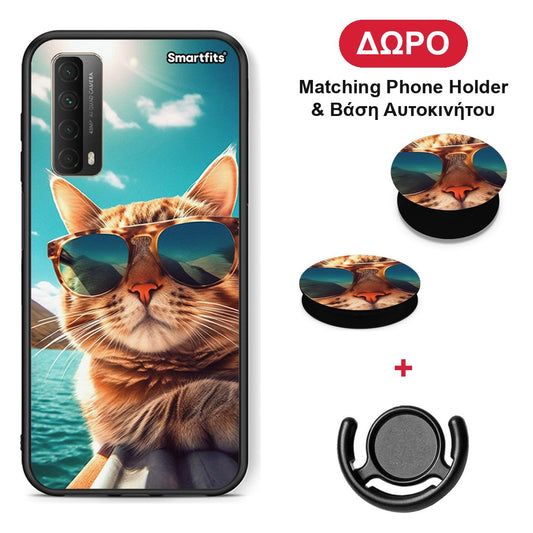 Summer Cat - Huawei P Smart 2021 θήκη + Δώρο Phone Holder & Βάση Αυτοκινήτου