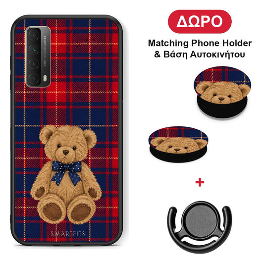 Teddy Bear on Red and Navy Tartan - Huawei P Smart 2021 θήκη + Δώρο Phone Holder & Βάση Αυτοκινήτου
