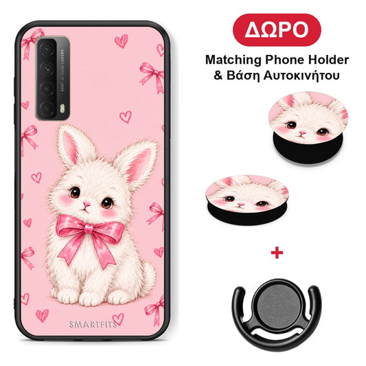 White Bunny and Pink Bows - Huawei P Smart 2021 θήκη + Δώρο Phone Holder & Βάση Αυτοκινήτου
