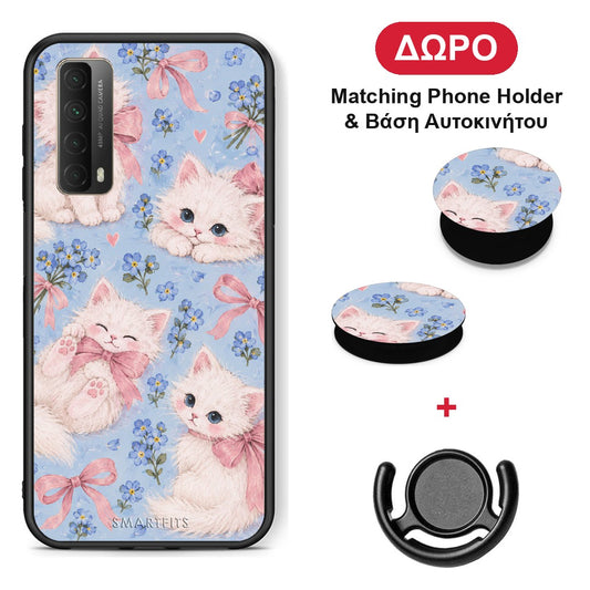 White Kittens and Blue Flowers Large - Huawei P Smart 2021 θήκη + Δώρο Phone Holder & Βάση Αυτοκινήτου