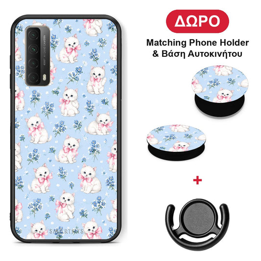 White Kittens and Blue Flowers Small - Huawei P Smart 2021 θήκη + Δώρο Phone Holder & Βάση Αυτοκινήτου
