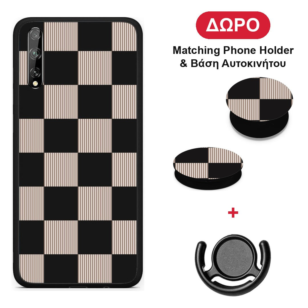 Black and Taupe Striped Checks - Huawei P Smart S θήκη + Δώρο Phone Holder & Βάση Αυτοκινήτου