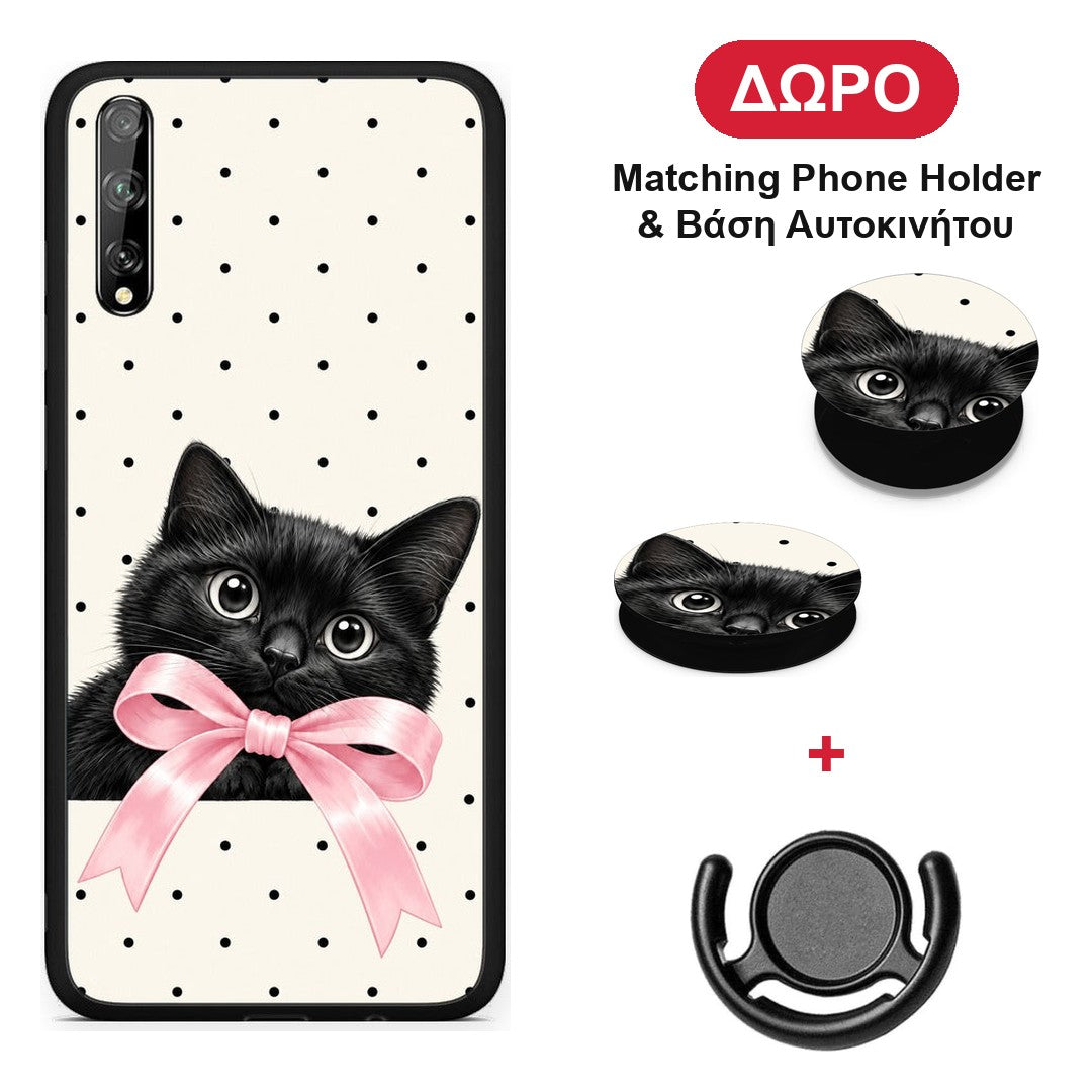 Black Kitten Pink Bow and Polka Dots - Huawei P Smart S θήκη + Δώρο Phone Holder & Βάση Αυτοκινήτου