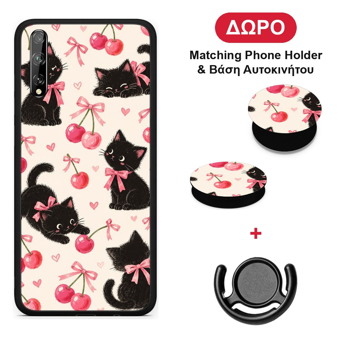 Black Kittens and Cherries on Cream - Huawei P Smart S θήκη + Δώρο Phone Holder & Βάση Αυτοκινήτου