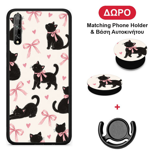 Black Kittens and Pink Bows on Cream Large - Huawei P Smart S θήκη + Δώρο Phone Holder & Βάση Αυτοκινήτου