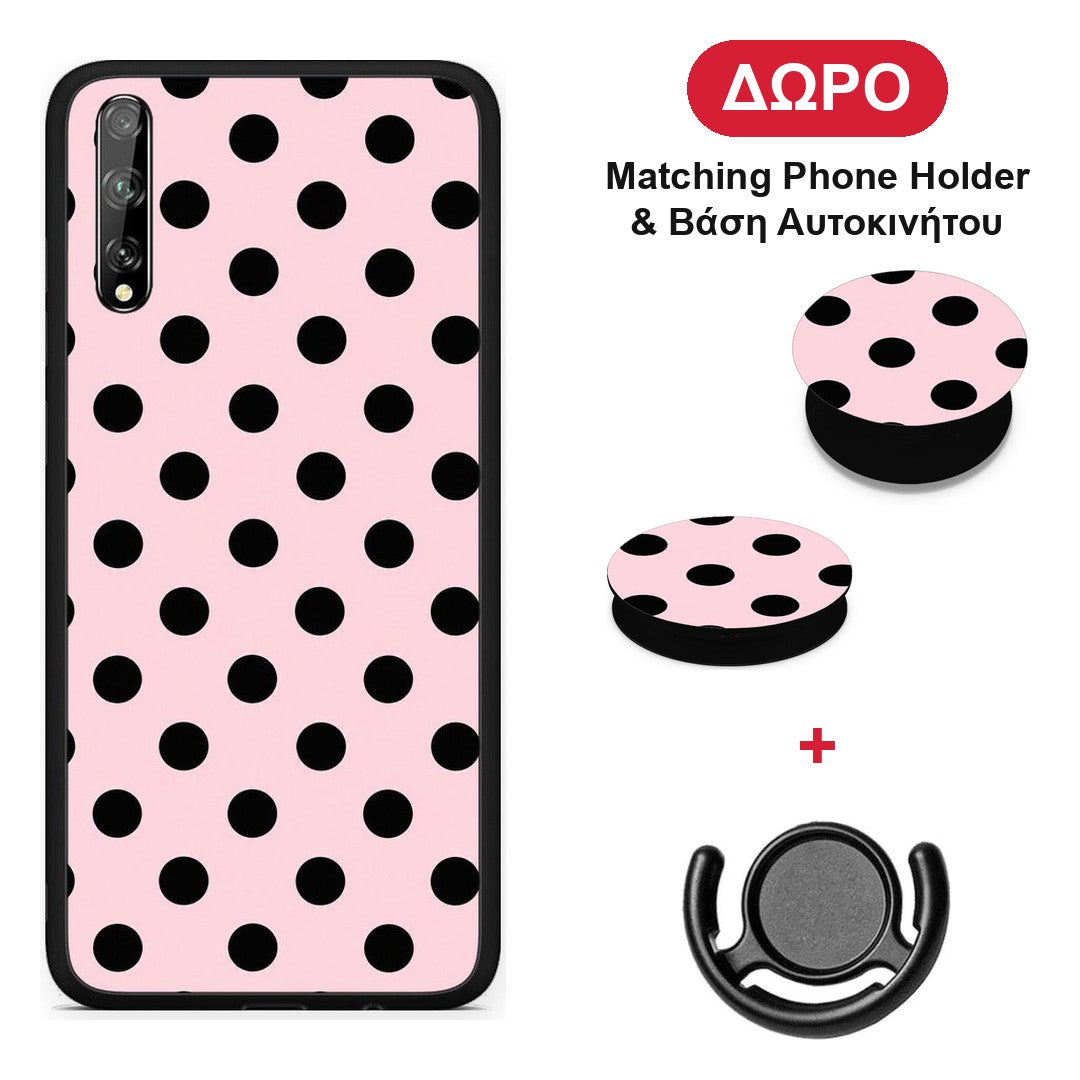 Black Polka Dots on Pink - Huawei P Smart S θήκη + Δώρο Phone Holder & Βάση Αυτοκινήτου