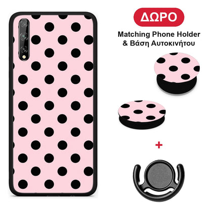 Black Polka Dots on Pink - Huawei P Smart S θήκη + Δώρο Phone Holder & Βάση Αυτοκινήτου