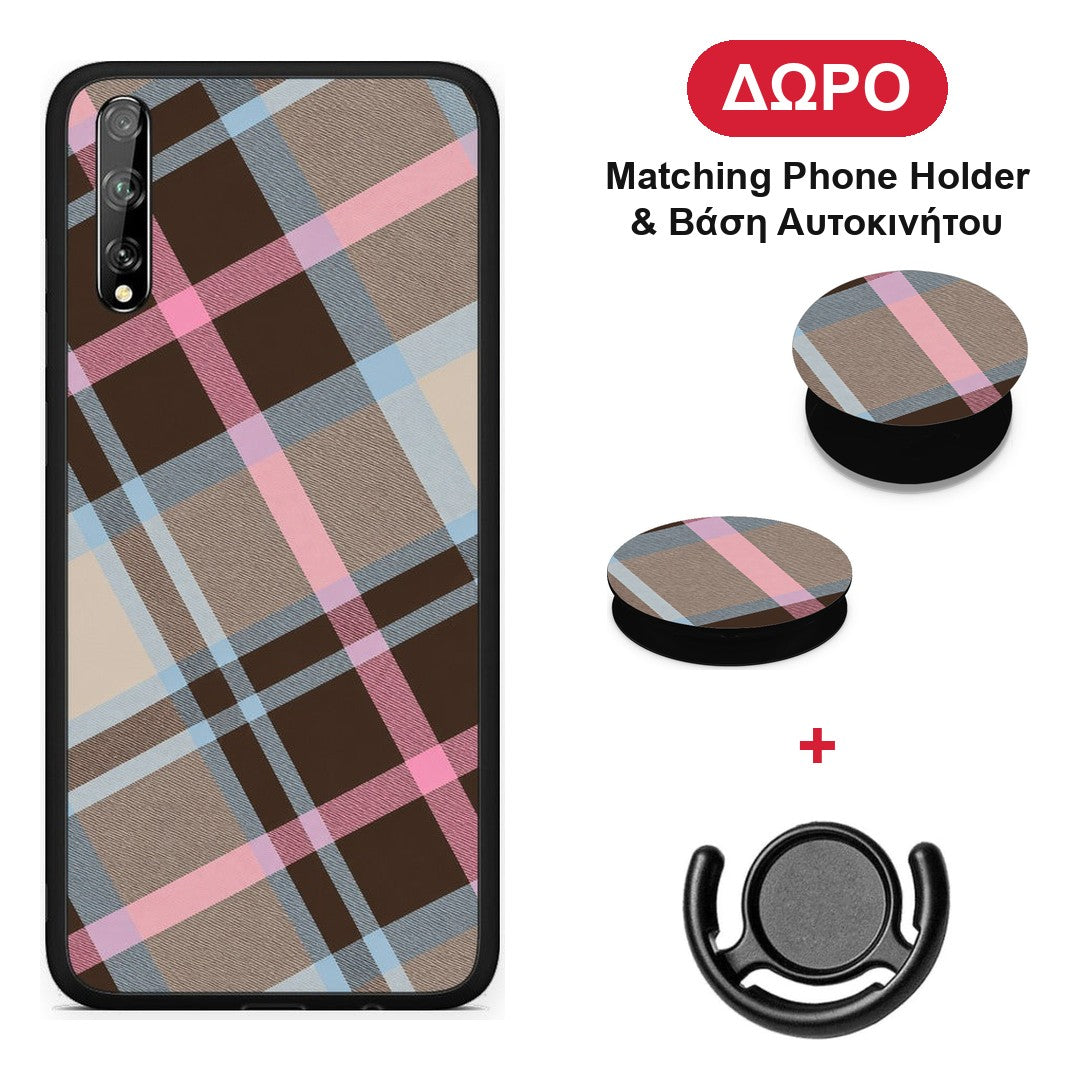 Brown Pink and Blue Diagonal Plaid - Huawei P Smart S θήκη + Δώρο Phone Holder & Βάση Αυτοκινήτου